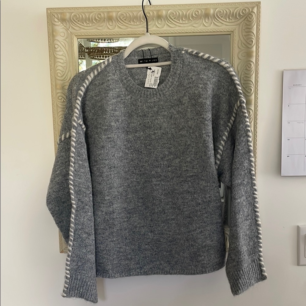 Gray Knit Sweater with White Accents